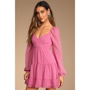 Lulus Longing And Love Pink Swiss Dot Puff Long Sleeve Mini Dress - Size M